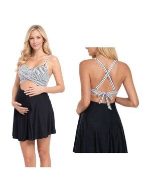 Large Maternity Black and White Stripe  Swimdress Bikini Bottom Built-In NWT